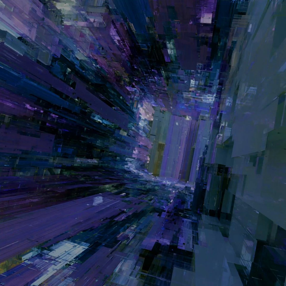 The image shows a futuristic scene of a spaceship traveling through space. The perspective is from inside the spaceship looking out towards an exit or doorway. The walls surrounding the spaceship are made up of small purple squares arranged in a zigzag pattern, creating a tunnel-like effect that leads to the exit. The background features a gradient of blue and purple colors, adding depth and dimension to the scene.