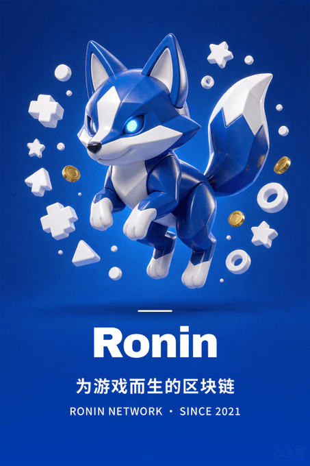 A promotional graphic for 'Ronin' featuring a 3D-rendered blue robotic fox character floating with white geometric shapes and gold coins on a blue background, with the tagline '为游戏而生的区块链' (Blockchain built for gaming) and 'RONIN NETWORK • SINCE 2021'.