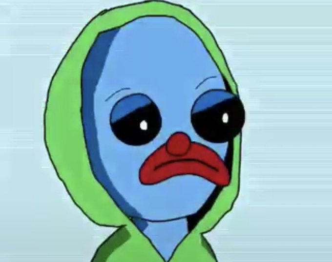 A sad-looking blue cartoon duck character wearing a green hoodie appears dejected, fitting a meme-style reaction image accompanying a crypto giveaway tweet from @OZZLAB_ and @OnChainHoodies.