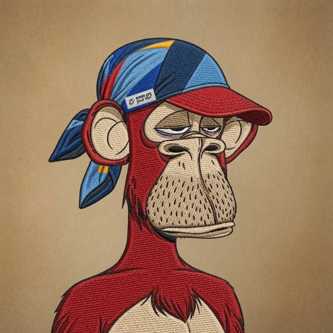 A digital illustration of a Bored Ape-style monkey character wearing a colorful blue, red, and yellow cap with a blue bandana hanging from it.