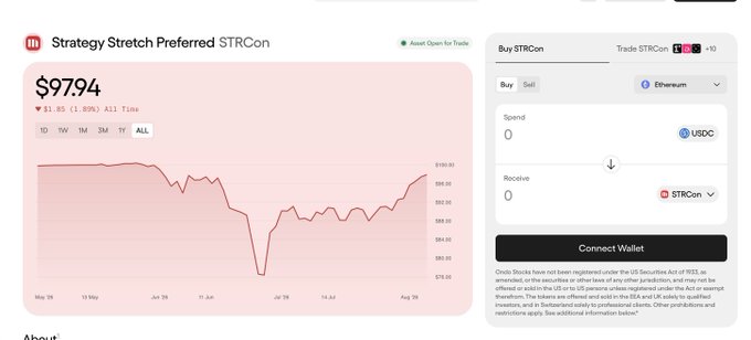The image shows a cryptocurrency trading interface for "Strategy Stretch Preferred STRC" token priced at $97.94, down $1.85 (1.85%) all-time, with a Buy/Sell panel on the right side. The accompanying post references the long downward price trend visible in the chart, advising against panic selling despite the prolonged dip—fittingly personifying the token as "STRC-kun."
