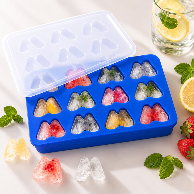 A blue ice cube tray with a clear lid sits on a white surface, filled with heart-shaped ice cubes containing frozen fruits like strawberries, lemons, and mint leaves, alongside loose heart-shaped ice cubes, fresh strawberries, mint sprigs, and a glass of lemon water. The MEXC logo is molded into the tray's lid, cleverly tying into the post's playful question about adding "MEXC" to one's drink.