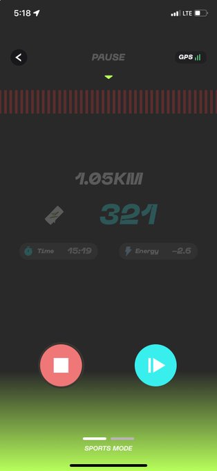 A screenshot of a sports mode app, likely STEP'N, showing a paused state with 1.05km traveled, 321 steps, 15:19 time, and -2.6 energy remaining.