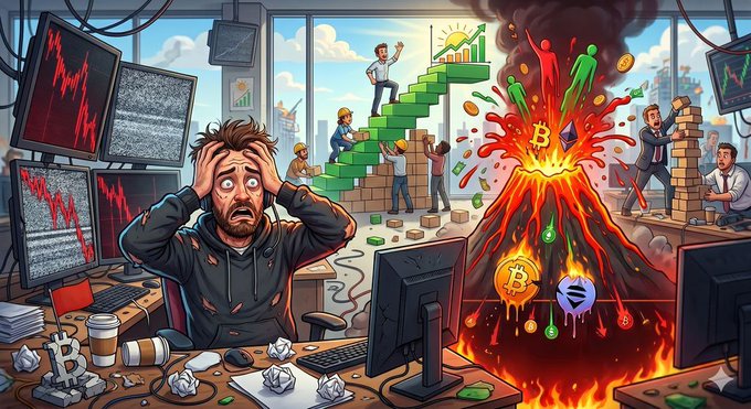 The image is an illustration of a man with a beard sitting at his desk, surrounded by various objects such as a keyboard, multiple monitors, and several stacks of bills. The room depicts a chaotic scene where the man appears stressed or overwhelmed. Below him, there's a volcano spewing out a liquid that looks like Bitcoin dropping below $67K. The image includes a text overlay providing context about the content related to the stock market and Bitcoin value.