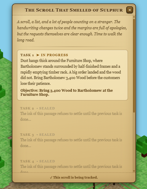 A screenshot from a video game showing a quest log titled 'The Scroll That Smelled of Sulphur', with Task 1 in progress asking to 'Bring 3,400 Wood to Bartholomew at the Furniture Shop', while subsequent tasks are sealed.