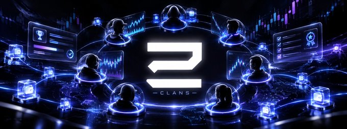 Digital illustration featuring a stylized "S" logo with "CLANS" beneath it, surrounded by user profile silhouettes, glowing blue data interfaces, and network connections.