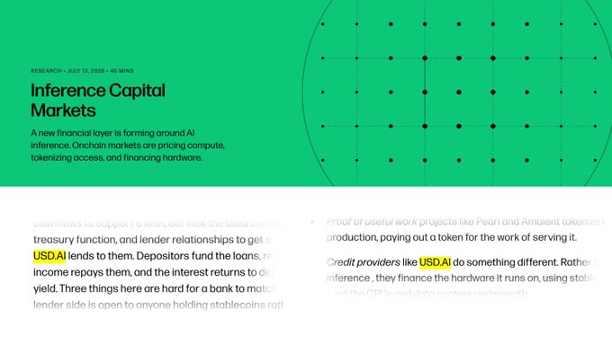 The image is a header from a Galaxy Research report dated July 23, 2025, titled "Inference Capital Markets," which explores the emerging financial layer around AI inference—highlighting how onchain markets are pricing compute, tokenizing access, and financing hardware. The accompanying post ties this to USDAI, positioning it as a leading example of stablecoin capital financing real GPU demand to create a composable onchain asset.