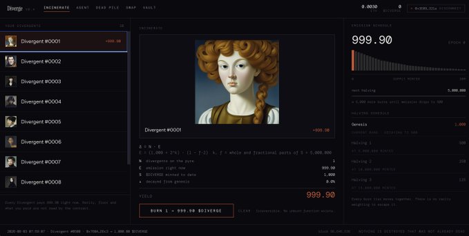 A cryptocurrency marketplace interface displaying "Divergent" tokens, featuring Divergent #00001 with a yield of 999.90 and a "BURN" button option for EDIV tokens, alongside a curated Genosis profile showing ZED RUN horses with 5,000,000 next ranking status. The interface supports the post's mention of implementing a burn token mechanism for DIVERGENTS, as evidenced by the prominent burn functionality shown for converting tokens.