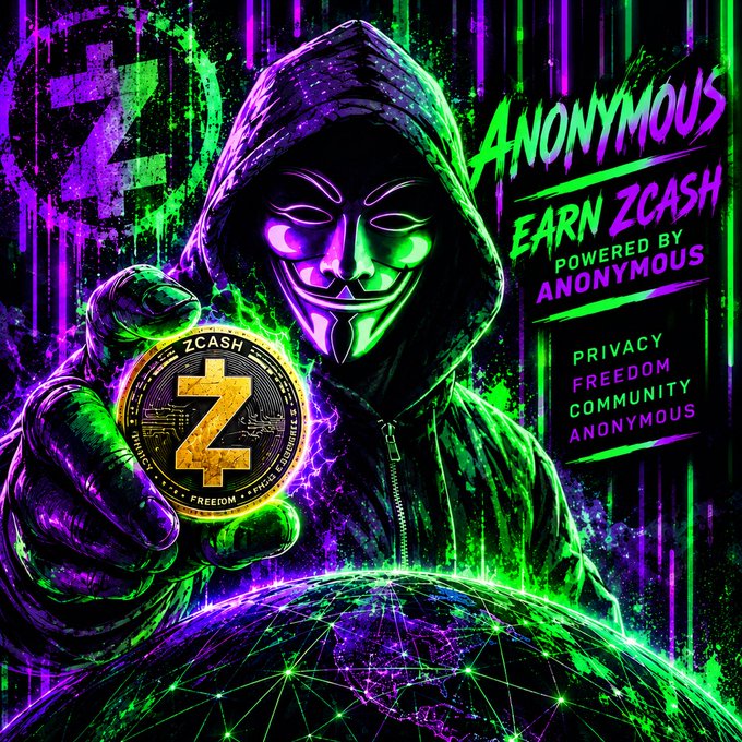 A vibrant, neon-colored illustration shows a hooded figure in an Anonymous mask holding a gold 'Z' Zcash coin, with text reading 'ANONYMOUS EARN ZCASH POWERED BY ANONYMOUS' and 'PRIVACY FREEDOM COMMUNITY ANONYMOUS.'