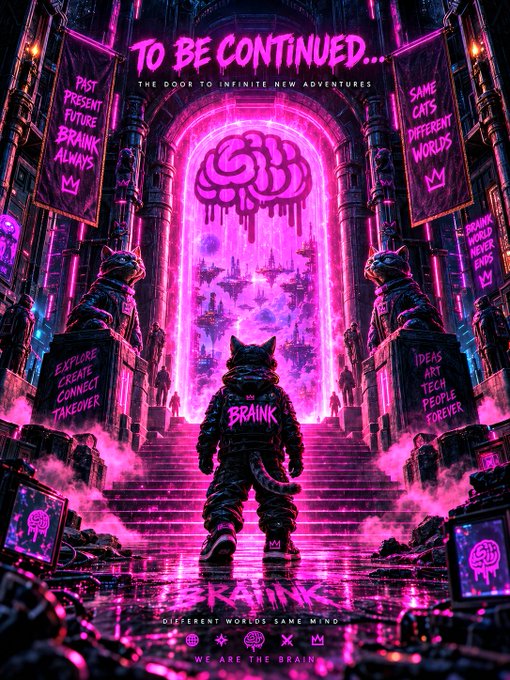 Vibrant pink and purple cyberpunk-style artwork titled 'TO BE CONTINUED...' featuring a figure wearing a 'BRAINK' jacket walking through an ornate gateway toward floating worlds, with text like 'PAST PRESENT FUTURE', 'EXPLORE CREATE CONNECT', and 'WE ARE THE BRAIN'.