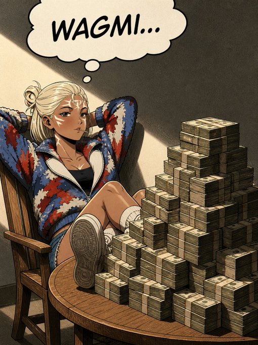 An anime-style illustration of a white-haired woman reclining in a chair next to a massive stack of cash, with a thought bubble reading 'WAGMI...'