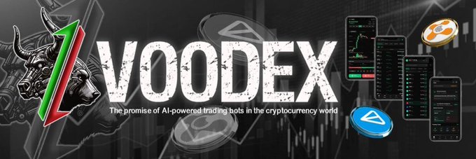 A promotional banner for 'VOODEX' featuring the tagline 'The promise of AI-powered trading bots in the cryptocurrency world', alongside a bull logo and smartphone mockups displaying trading charts and app interfaces.
