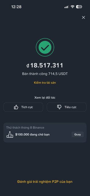 A mobile screen displays a successful crypto transaction notification showing ₫18,517,311 (714.5 USDT) sold, with Binance P2P feedback options and a "$100,000 waiting for you" reward challenge at the bottom. The image relates to the post by showing the user's completed P2P trading activity that contributed to exceeding their monthly target.
