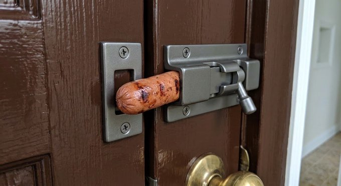 A close-up shows a dark brown door fitted with a silver slide bolt latch, with a sausage playfully stuck through the opening of the latch mechanism.