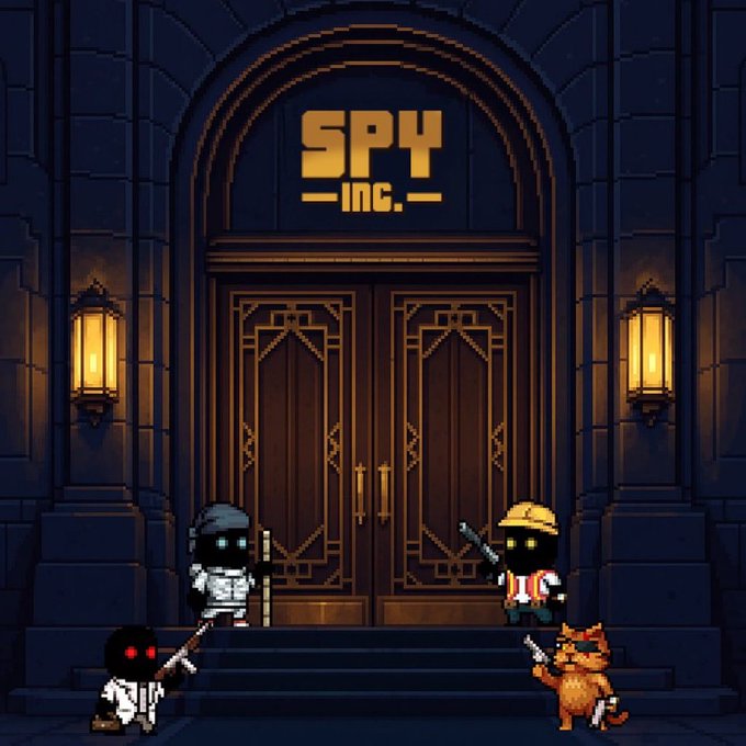 Pixel art scene showing four character sprites (a SWAT officer, construction worker, swordsman, and fox) standing in front of large ornate doors marked 'SPY INC.'