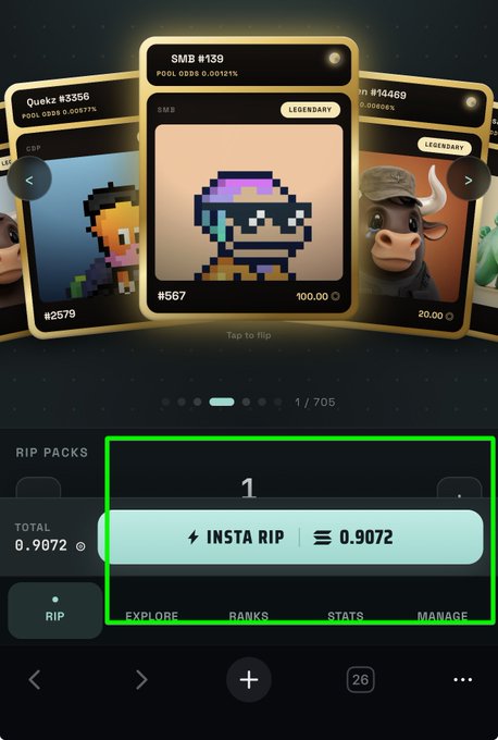 A mobile screenshot of the Kimji NFT pack-ripping app displays a "RIP PACKS" screen showing item #139 (SMB), an INSTA RIP button priced at Ξ 0.9072, with a total balance of 0.9072 SOL, illustrating the rising cost per pack rip the user is questioning.