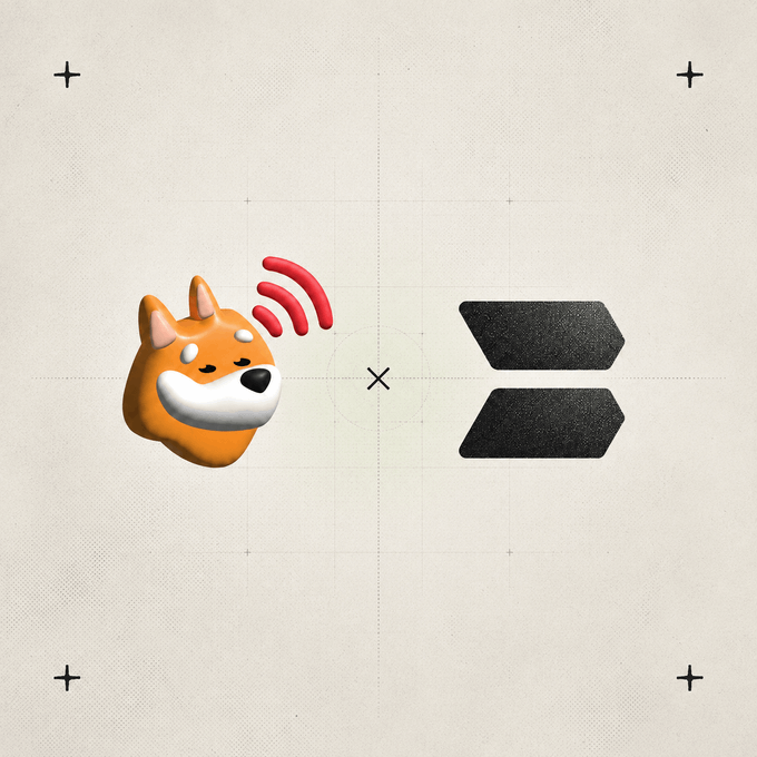 A graphic featuring a Shiba Inu dog head emoji next to a black equals sign on a textured beige background with crosshair marks.