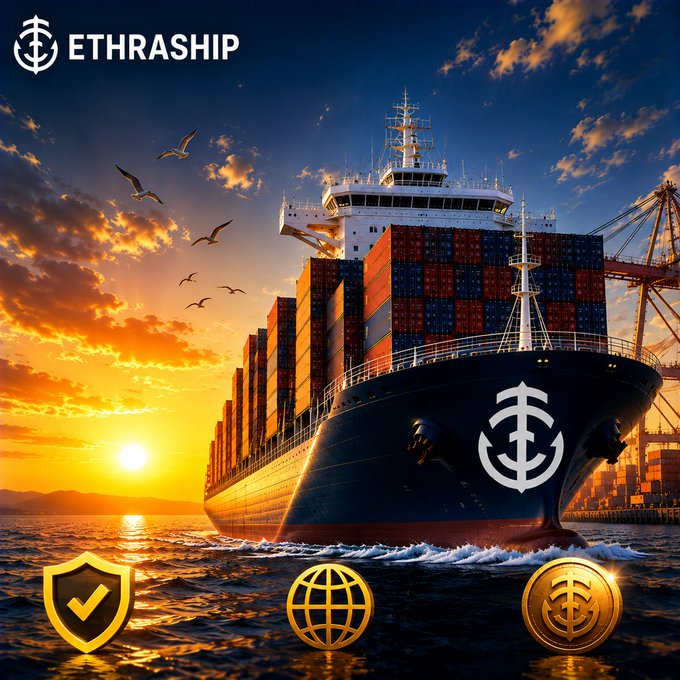 A large container ship labeled 'ETHRASHIP' sailing on the ocean at sunset, with three gold icons at the bottom depicting a shield with a checkmark, a globe, and a coin.