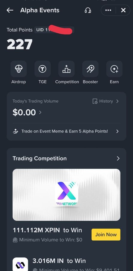 A screenshot of an 'Alpha Events' mobile app showing 227 Total Points, $0.00 trading volume, and trading competitions including 'XPIN' and 'IN'.