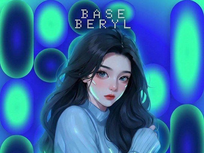 Digital artwork of an anime-style girl with long dark hair and blue eyes against a blue and green bubbly background, with pixelated text reading 'BASE BERYL'.