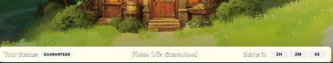 Game interface screenshot showing a fantasy cottage scene with overlay text "Your Status: GUARANTEED", "Phase 1/3: Guaranteed", and a countdown timer "Starts In: 2H 2M 65".
