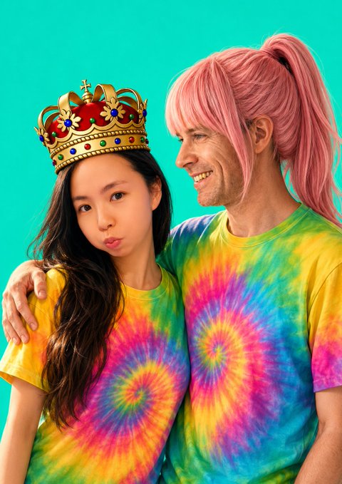 A young woman wearing an ornate jeweled crown poses with an older man sporting a bright pink ponytail wig, both dressed in vibrant tie-dye shirts against a teal background—playfully channeling the whimsical, cartoon-inspired aesthetic of Bored Ape Yacht Club (BAYC) NFT profile pictures.