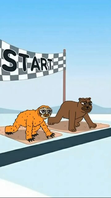 iced skateboard ramp with "START" banner and two cartoon sloths, one orange and one brown, on a snowy mountain backdrop.