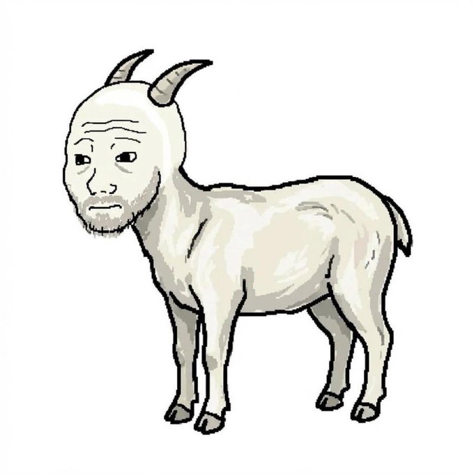 The image features a cartoon goat with horns, standing upright against a white background. The goat has a sad expression on its face as if it's crying or sulking. The caption below the image reads "$WOJAK on ETH is programmed for $10b+". This suggests that the goat might be an item for sale in the Ethereum blockchain, possibly worth at least $10 billion.