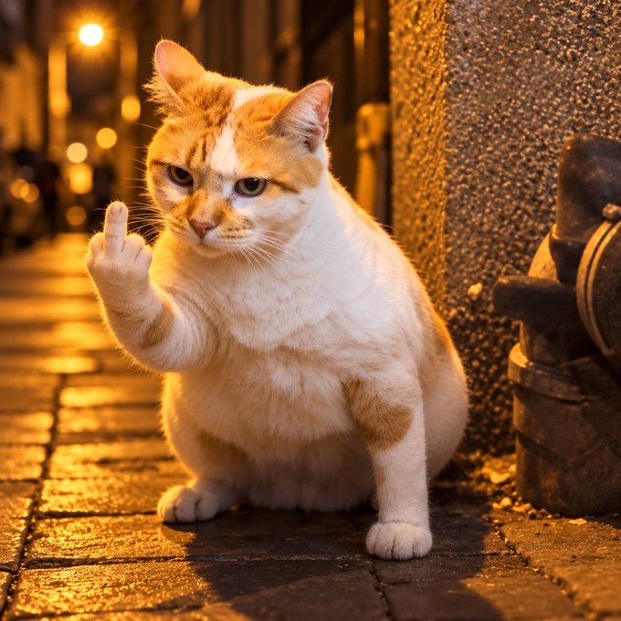 An orange and white cat sits on a wet cobblestone street at night, raising one paw with an extended middle finger in a gesture of defiance.