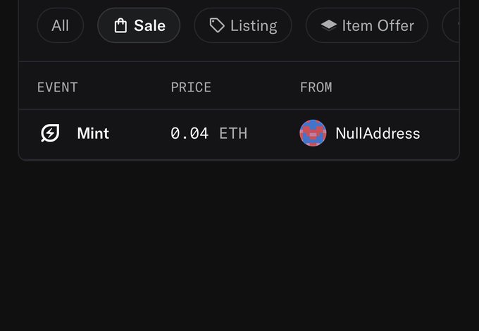 The image displays a transaction history showing a "Mint" event for 0.04 ETH from "NullAddress," which corresponds to the post noting that PARASITES were minted for 0.04 ETH two days ago.