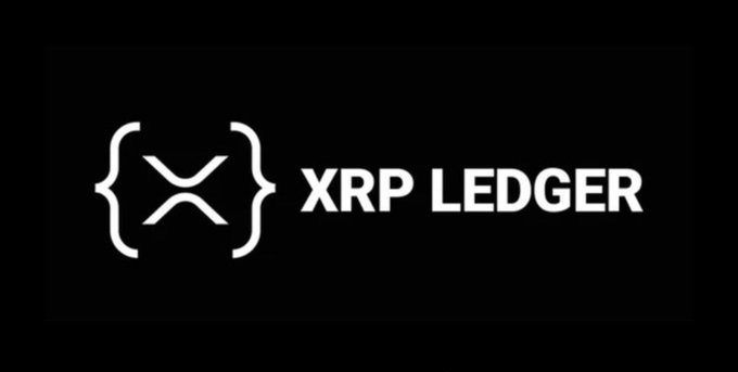The image displays the XRP Ledger logo, featuring a stylized "X" enclosed in curly braces alongside the text "XRP LEDGER," all set against a black background. This visual branding represents the decentralized blockchain platform associated with the XRP cryptocurrency ticker referenced in the post.