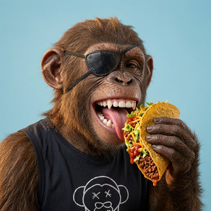 A photorealistic monkey wearing an eye patch and a black tank top with a cartoon monkey logo, enthusiastically eating a taco.