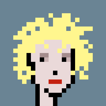 A pixel art portrait of a character with blonde curly hair, pale skin, dark eyes, and a small red mouth against a gray-blue background.