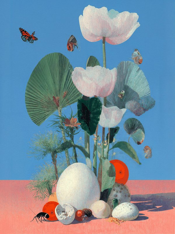The image features a painting of flowers, including white ones with green leaves, surrounded by various fruits such as oranges and apples. The scene also includes a butterfly flying above the flowers and a ladybug resting on one of them. The background color is blue, which contrasts nicely with the vibrant colors of the flowers and fruits. The post has been edited to include these elements in its content, making it appear more visually appealing and engaging for viewers.