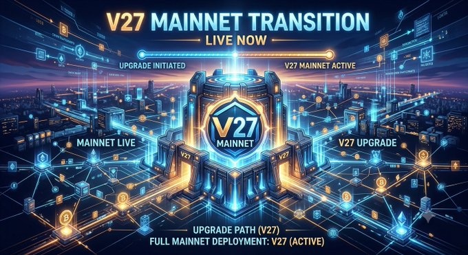 A futuristic digital graphic advertises "V27 MAINNET TRANSITION" with "LIVE NOW" text, showing a glowing hexagonal V27 MAINNET emblem surrounded by connected network nodes and upgrade pathways.