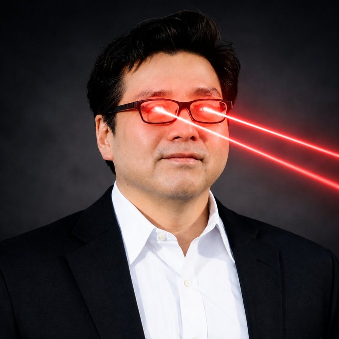 The image features a man wearing glasses, looking at the camera with red lights coming out of his glasses. The background appears to be black, which contrasts with the bright red lights from the glasses. There are no texts or other objects present in the image.