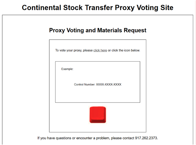 The image shows the "Continental Stock Transfer Proxy Voting Site" portal with a "Proxy Voting and Materials Request" section, displaying an example control number format (XXX-XXX-XXXX) and instructions to click to vote, along with a contact number 917.262.2373. This relates to the $XRPN update by illustrating the interface where shareholders would have used their 12-digit control number to vote on the Evernorth merger, with the red icon representing the now-closed advance voting option.