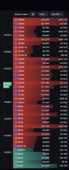 A dark-themed financial interface displaying a "Whale Orders" list with cryptocurrency prices in USD (e.g., BTC at $87,000), trade amounts, and time intervals.