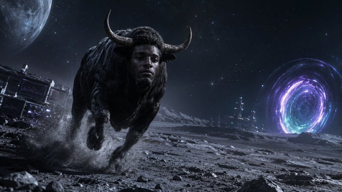 A surreal digital artwork showing a buffalo with a human face running across a moon-like landscape, with a large planet in the sky and a glowing purple and blue portal or vortex in the background.