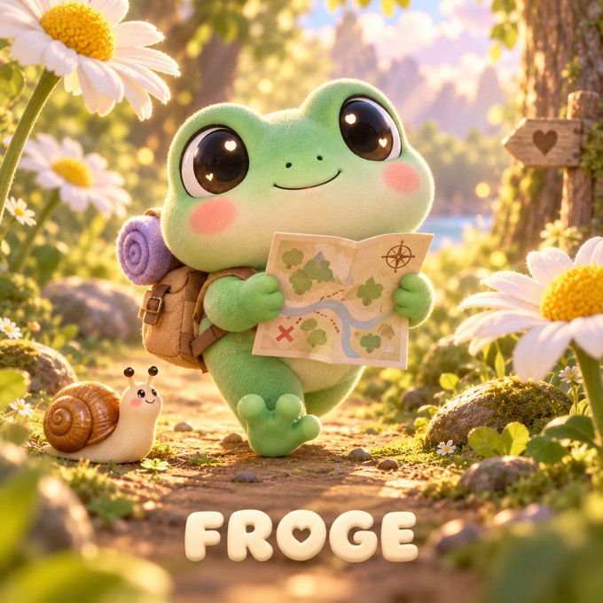 A charming 3D-rendered illustration of a cute green frog character named 'FROGE' holding a treasure map and a rolled-up sleeping bag, accompanied by a smiling snail in a flower-filled setting.