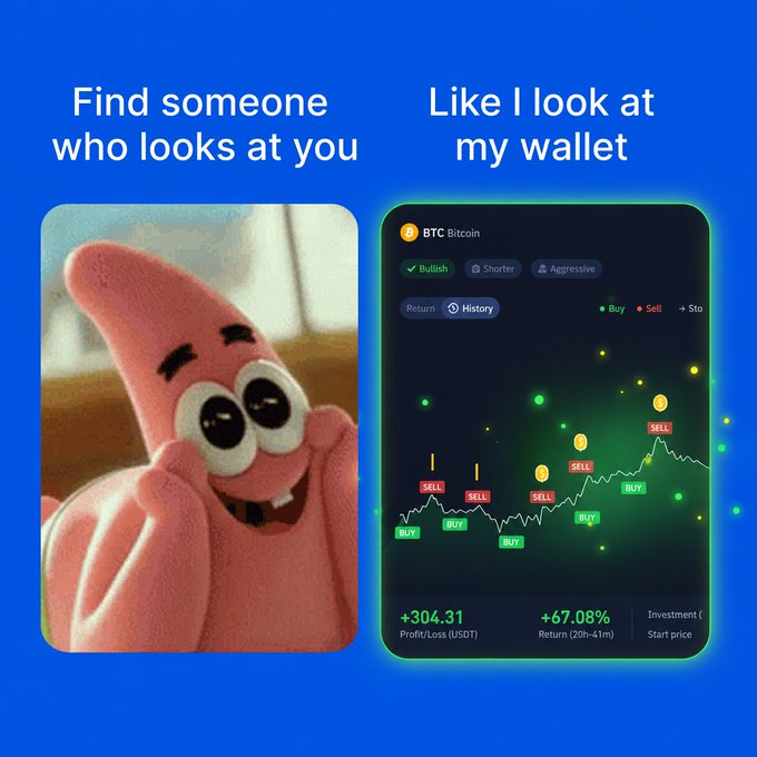 The image features a pink stuffed pig with large black eyes, resembling the character Spongebob Squarepants. The text displayed at the bottom of the image reads "Find someone who looks at you like I look at my wallet after AutoTrader does its thing Ready to trade smarter? btse.com/en/autotrader". This suggests that the pig is making a comparison between how people and the auto-trading platform, AutoTrader, appear visually similar or related in terms of their appearance.