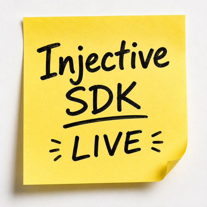 A bright yellow sticky note displays handwritten text reading 'Injective SDK LIVE' with an underline emphasizing the announcement.