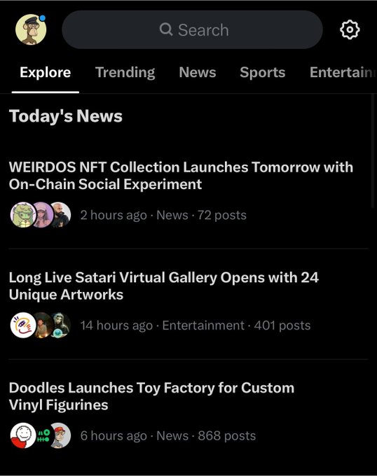 A mobile app interface showing a "Today's News" feed with headlines including "WEIRDOS NFT Collection Launches Tomorrow with On-Chain Social Experiment," "Long Live Satari Virtual Gallery Opens with 24 Unique Artworks," and "Doodles Launches Toy Factory for Custom Vinyl Figurines."