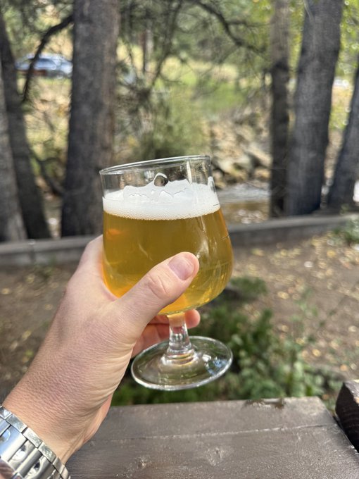 A hand wearing a metal watch holding a stemmed glass of golden beer with a foamy head, photographed outdoors with trees and a stream visible in the background.
