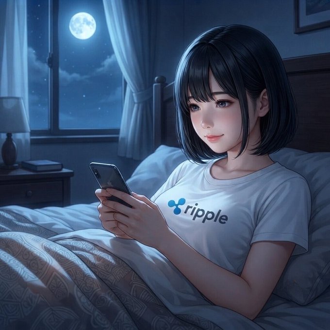 An anime-style illustration of a dark-haired girl lying in bed at night, illuminated by moonlight, looking at her smartphone while wearing a white t-shirt with the 'ripple' logo.