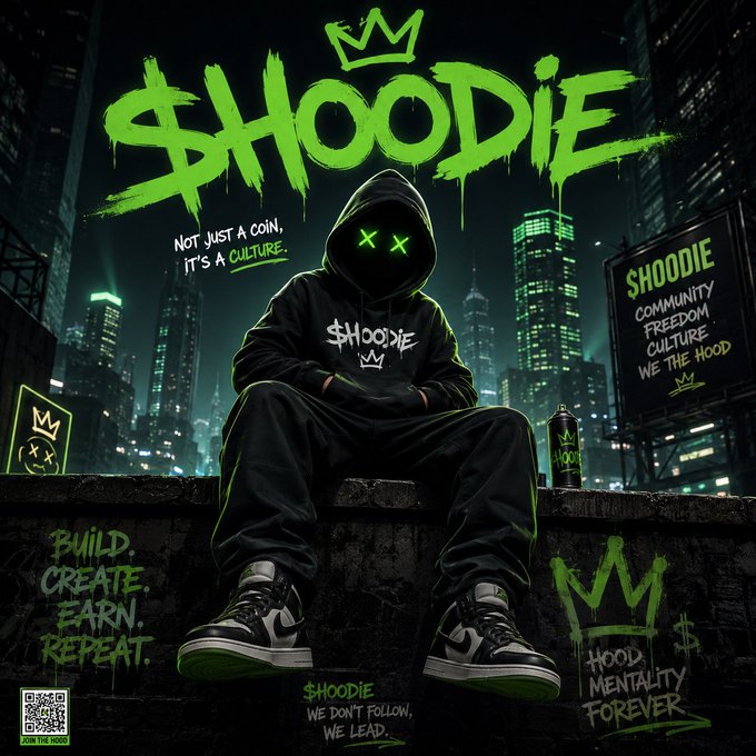 A streetwear promotional graphic featuring a hooded figure in black with glowing green 'X' eyes, branded with '$HOODIE' in graffiti-style green text, alongside slogans like 'Not just a coin, it's a culture' and 'Build. Create. Earn. Repeat.'