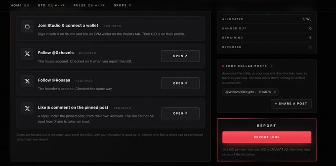 A screenshot of a dark-themed web interface showing tasks to join Studio and follow accounts like @0xhazel and @R0saaa, along with a UID report section for @WilliamBCrypto_-614674.