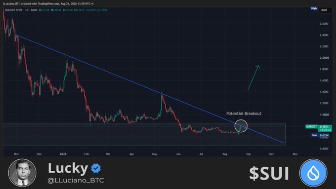 A TradingView chart of $SUI/USDT on a daily timeframe, showing a descending trendline converging near the current price around $0.82, with an annotation marking a "Potential Breakout" circled near the support level. The accompanying caption highlights $SUI's imminent breakout toward $1 as the price compresses against the trendline.