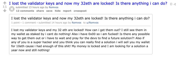 A Reddit post showing a user complaining about 32 ETH stuck in a SU/USD trading widget interface, with the caption noting the irony that validators who lose access to keys still drain the beacon chain through ongoing issuance.
