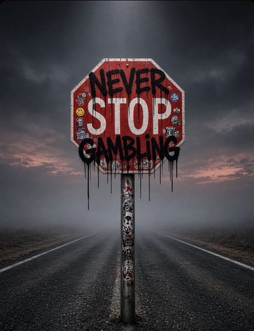 A graffiti-covered stop sign on a foggy road reading 'NEVER STOP GAMBLING', with the post covered in stickers.